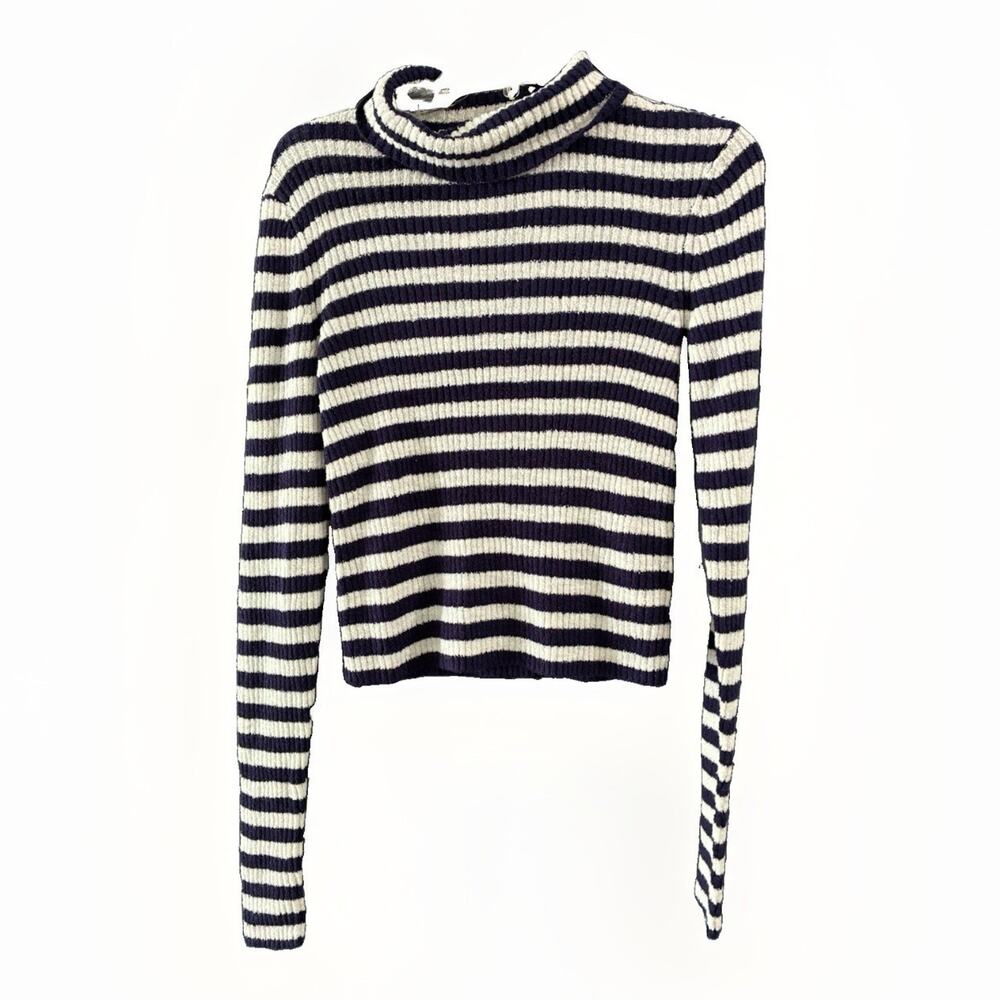 Free People Cropped Striped Turtleneck Sweater Navy/White Size Medium NWT
